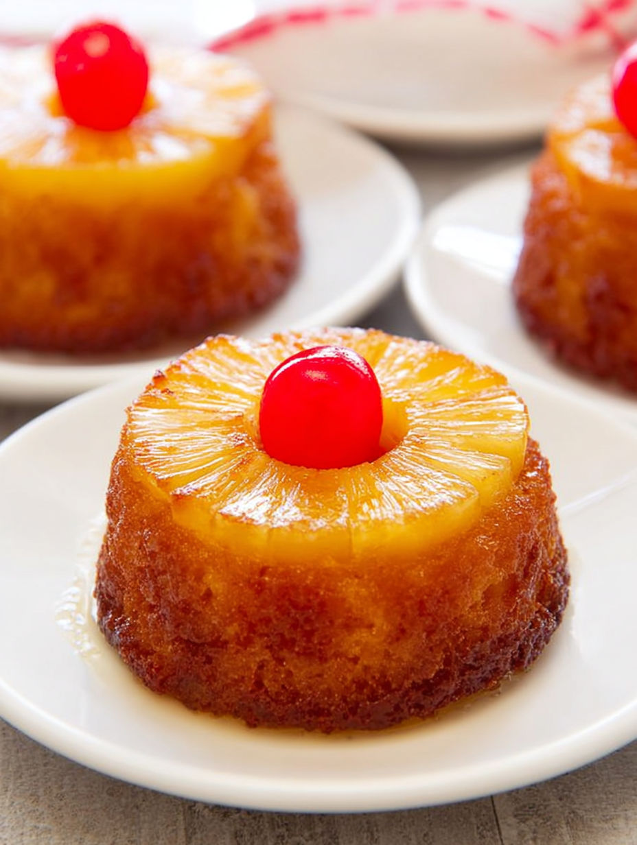 Małe ciastka z odwróconym ananasem na talerzu.