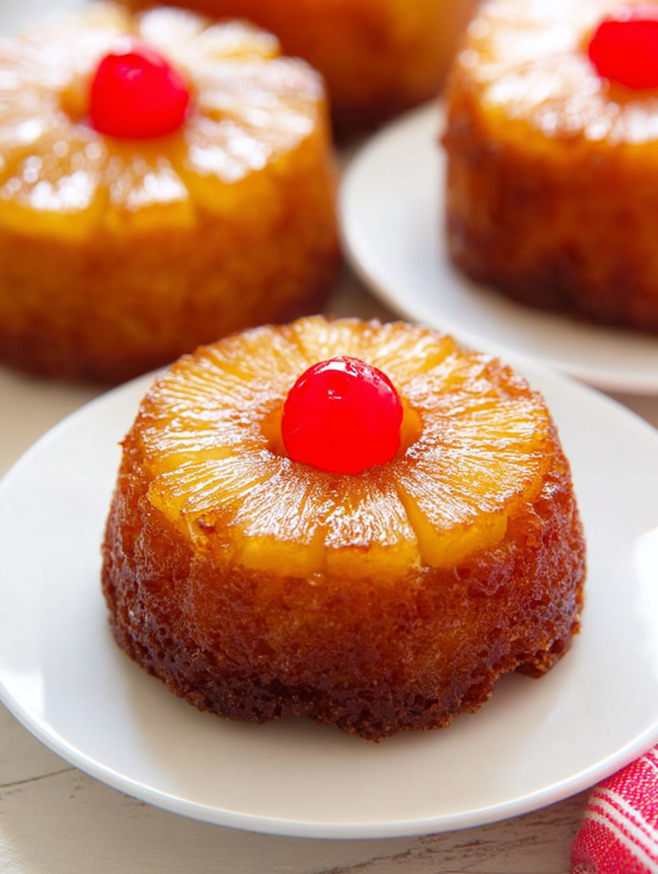 Małe ciasto z ananasem na wierzchu z wisienką.