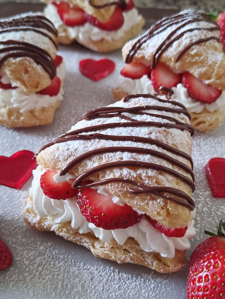 Talerz ptysiów z truskawkami i czekoladą.