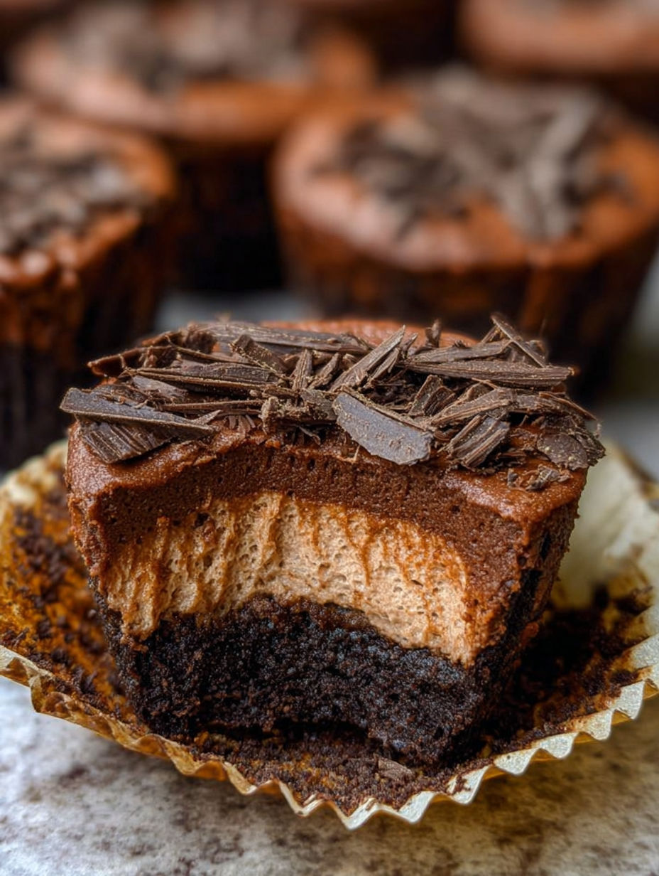 Czekoladowy sernik z czekoladowymi kawałkami na wierzchu.