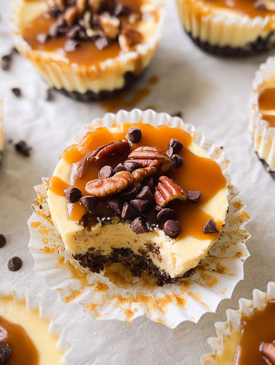 Zbliżenie na mini serniczek z solonym karmelem i czekoladowymi groszkami.