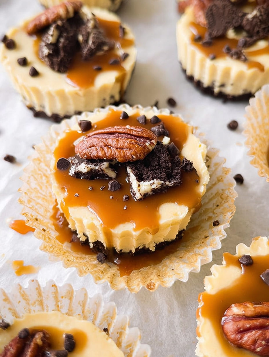 Zbliżenie na mini serniczek z solonym karmelem i czekoladowymi groszkami.