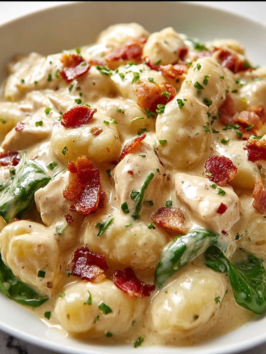 Talerz z kremowym kurczakiem i boczkiem gnocchi.