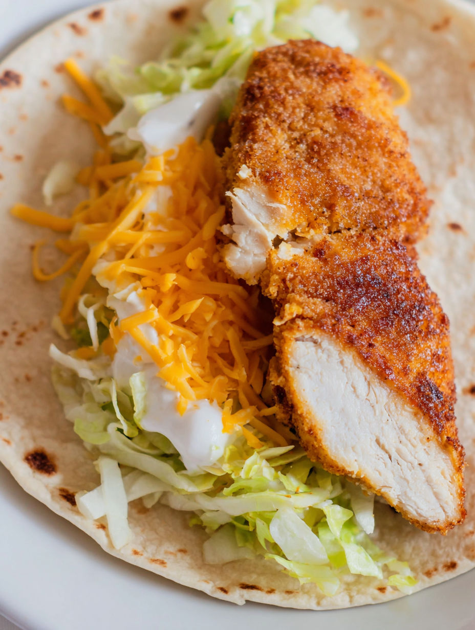 Kawałek kurczaka na tortilli z sałatą i serem.