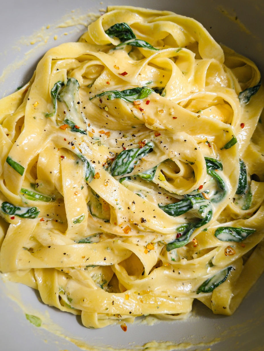 Miska makaronu z czosnkowym masłem i szpinakiem.