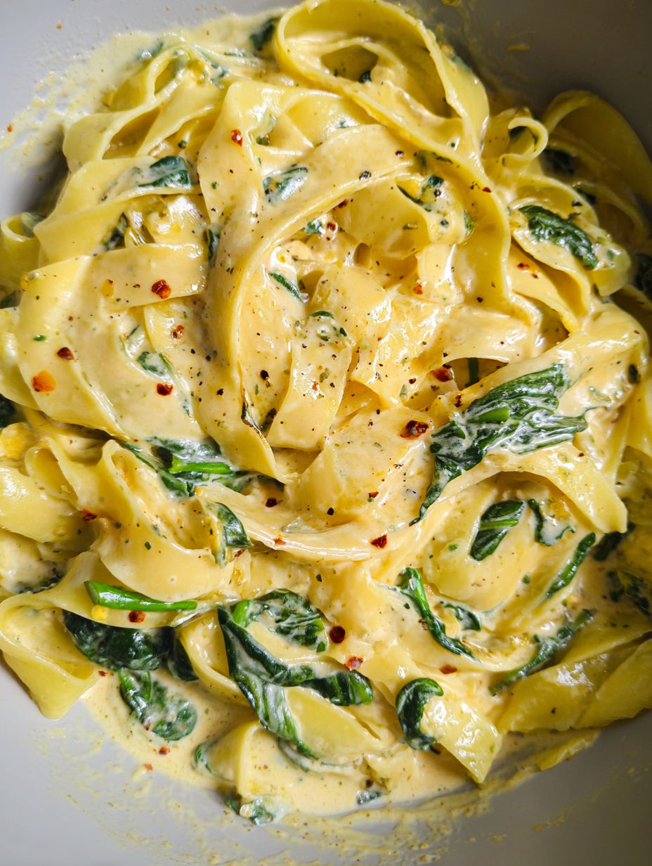 Miska makaronu z szpinakiem i masłem czosnkowym.