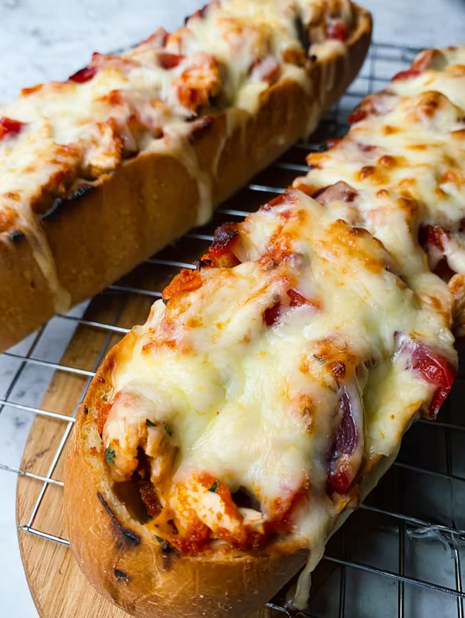 Dwa kawałki czosnkowego pieczywa z kurczakiem i serem.