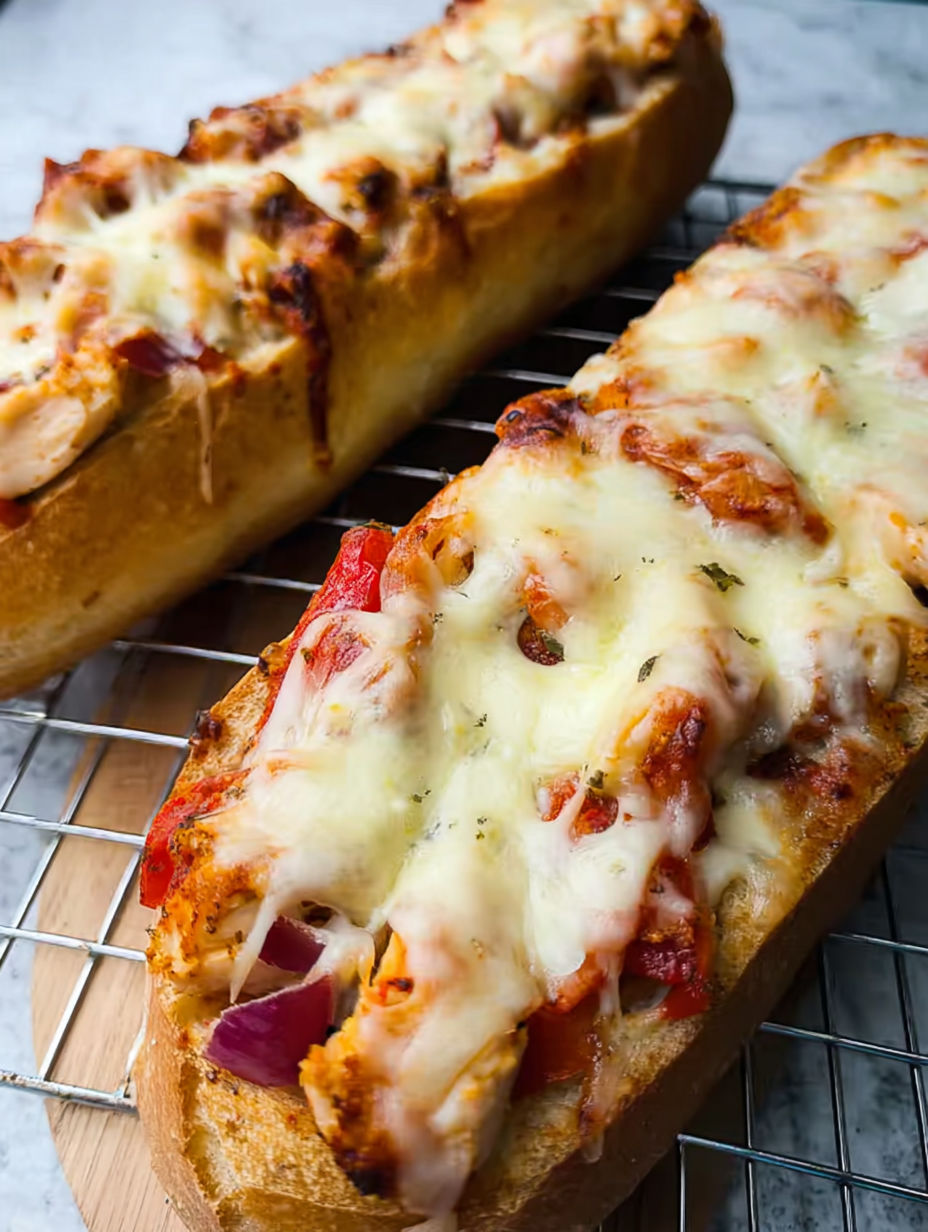 Dwa kawałki czosnkowego pieczywa z kurczakiem i serem.