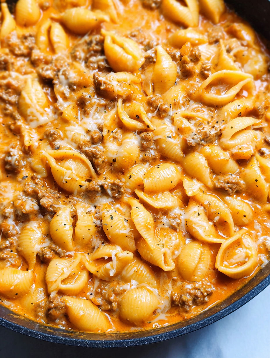 Miseczka kremowego gulaszu z wołowiną i muszlami.