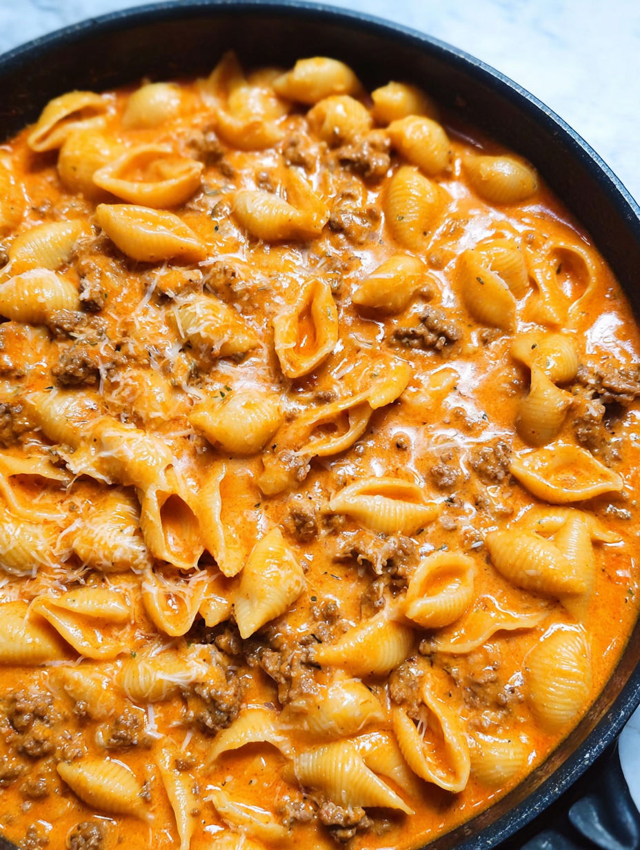 Miseczka kremowego gulaszu z wołowiną i muszlami.