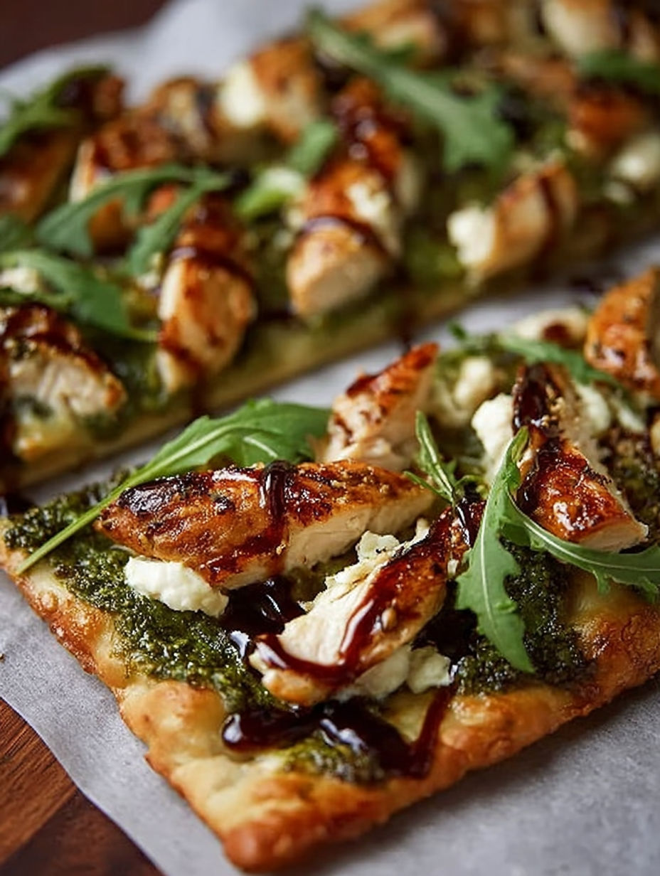 Placek z kurczakiem i pesto z dodatkiem zieleni i sosu.