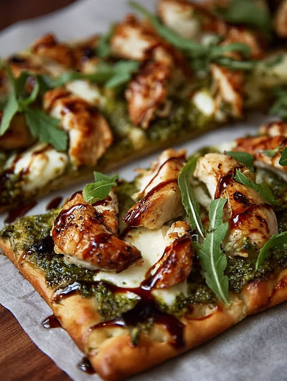 Placek z kurczakiem i pesto z dodatkiem zieleni i sosu.