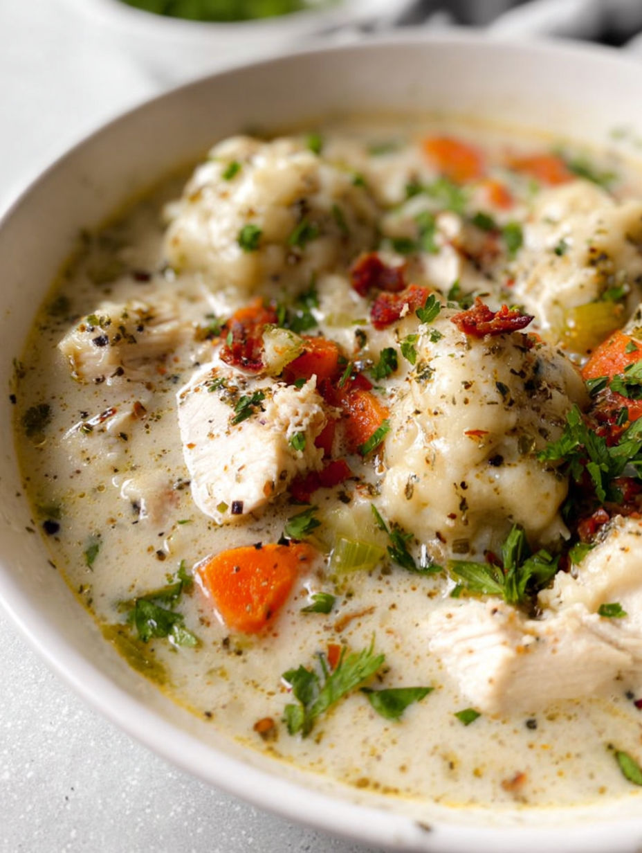 Miska z kurczakiem i kluskami.