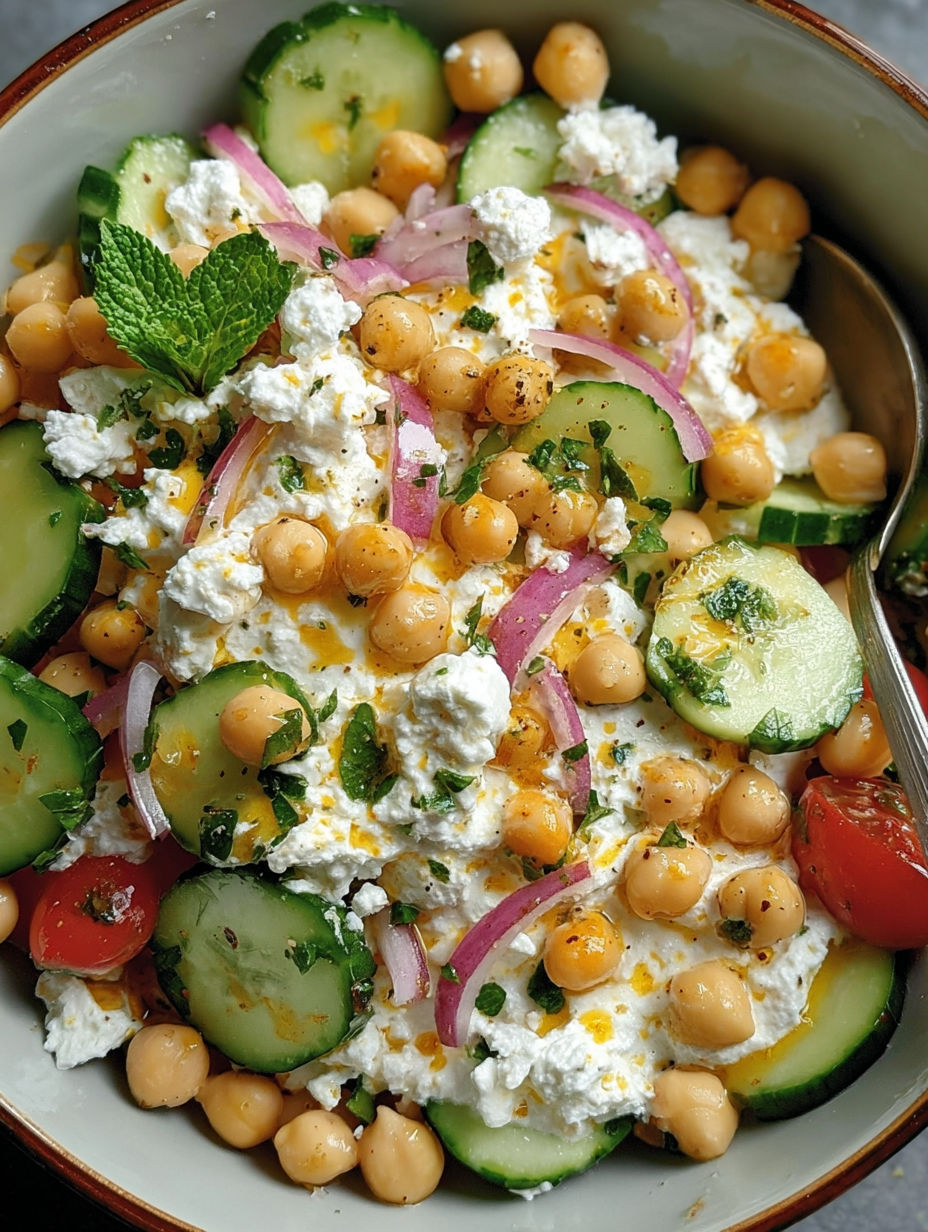 Sałatka z ciecierzycy, ogórków, pomidorów i sera feta.