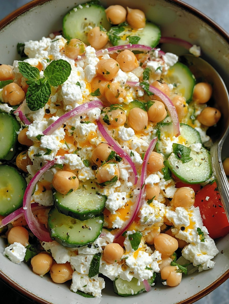 Miseczka sałatki z twarogu i ciecierzycy.