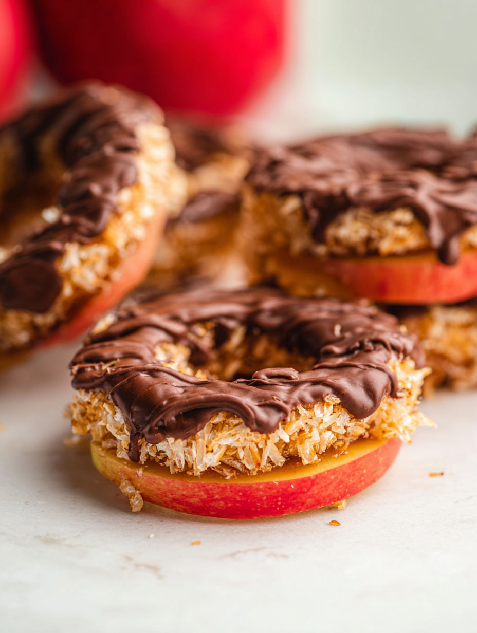 Zbliżenie na jabłko oblane czekoladą.