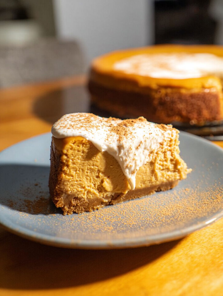 Kawałek sernika z dynią i białą polewą.