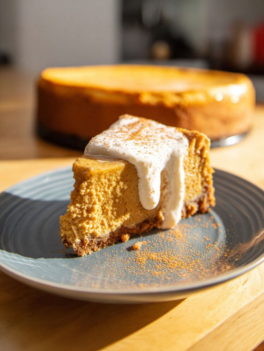 Kawałek sernika z dynią i białą polewą.