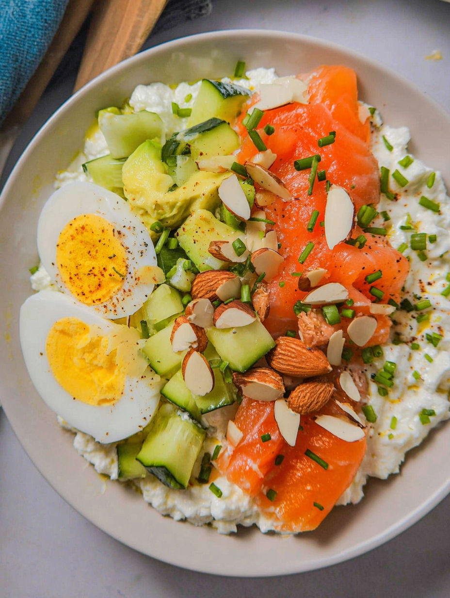 Talerz z jajkami, ogórkami i łososiem.