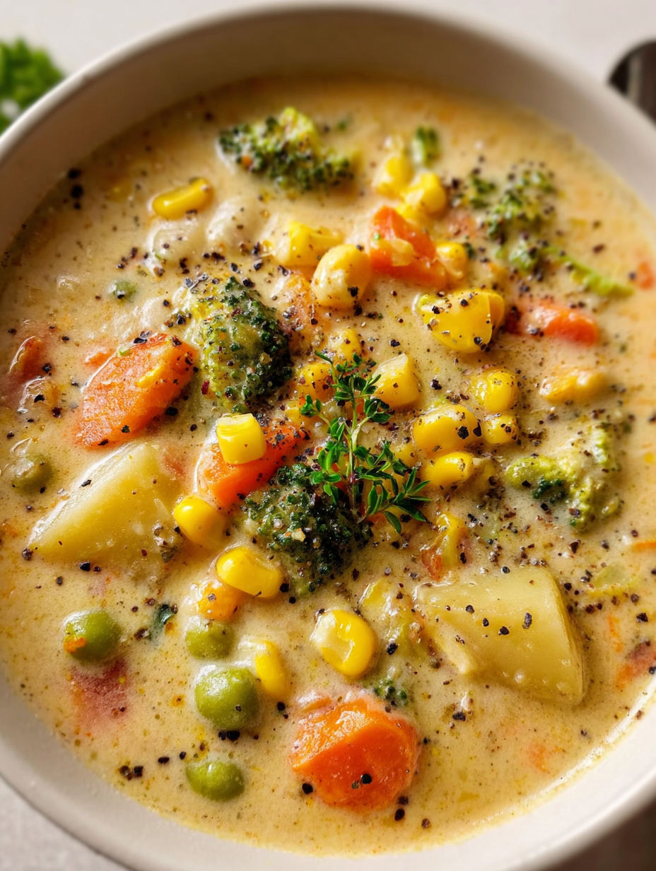 Miseczka z zupą z brokułami i kukurydzą.