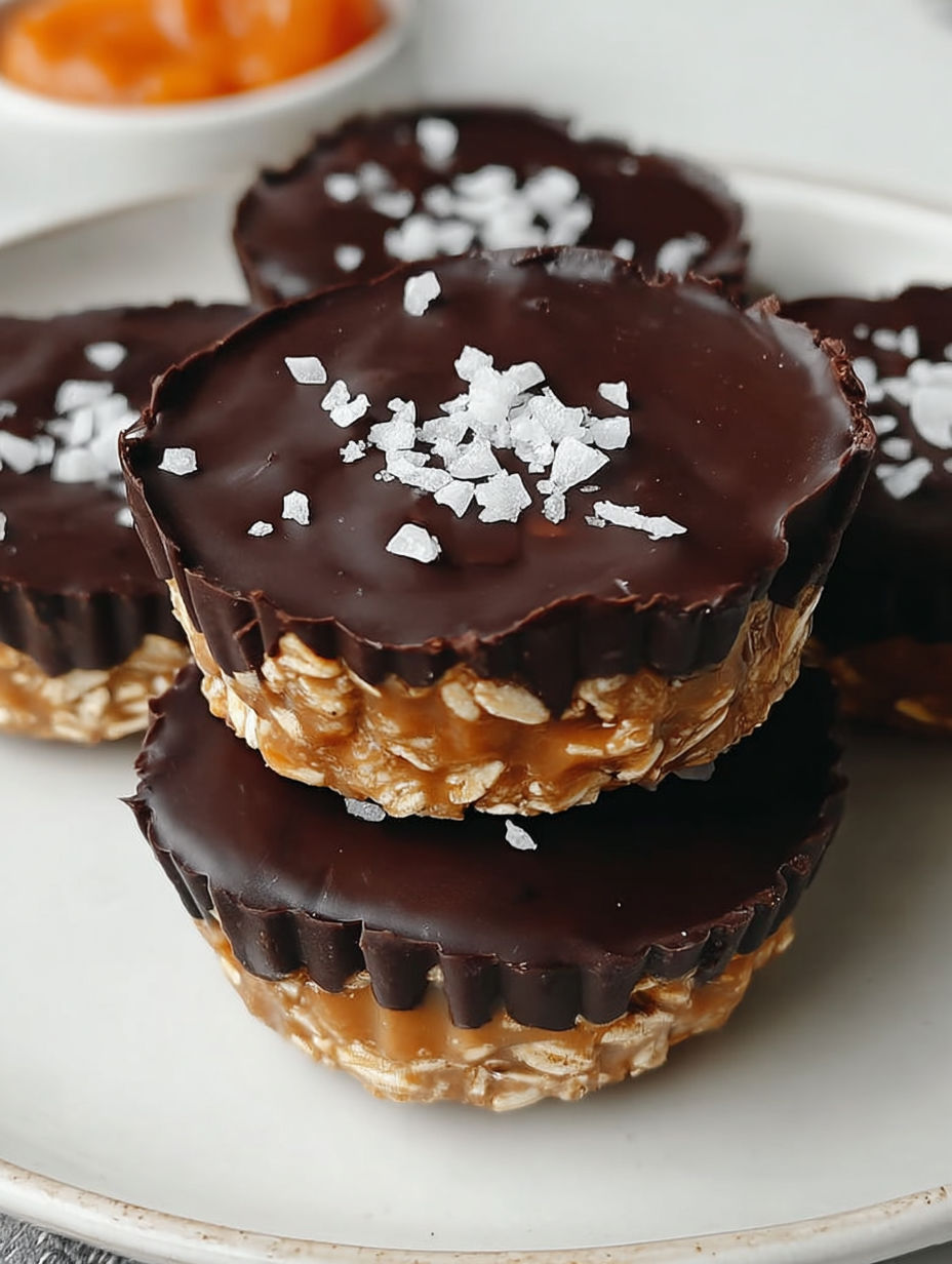 Trzy kubki owsiane z ciemną czekoladą i białą solą na wierzchu.