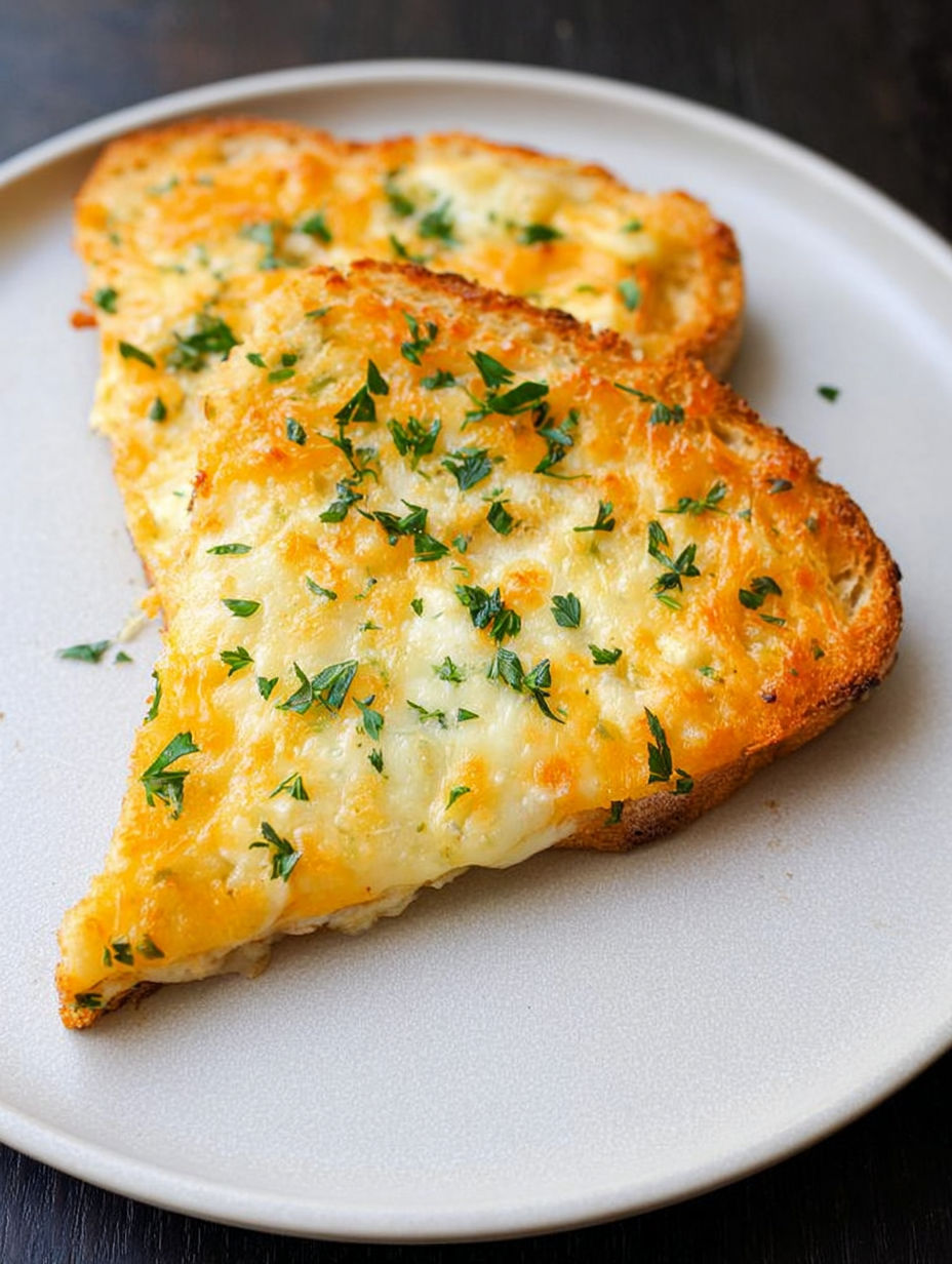 Dwa kawałki tostów z jajkiem i serem na białym talerzu.