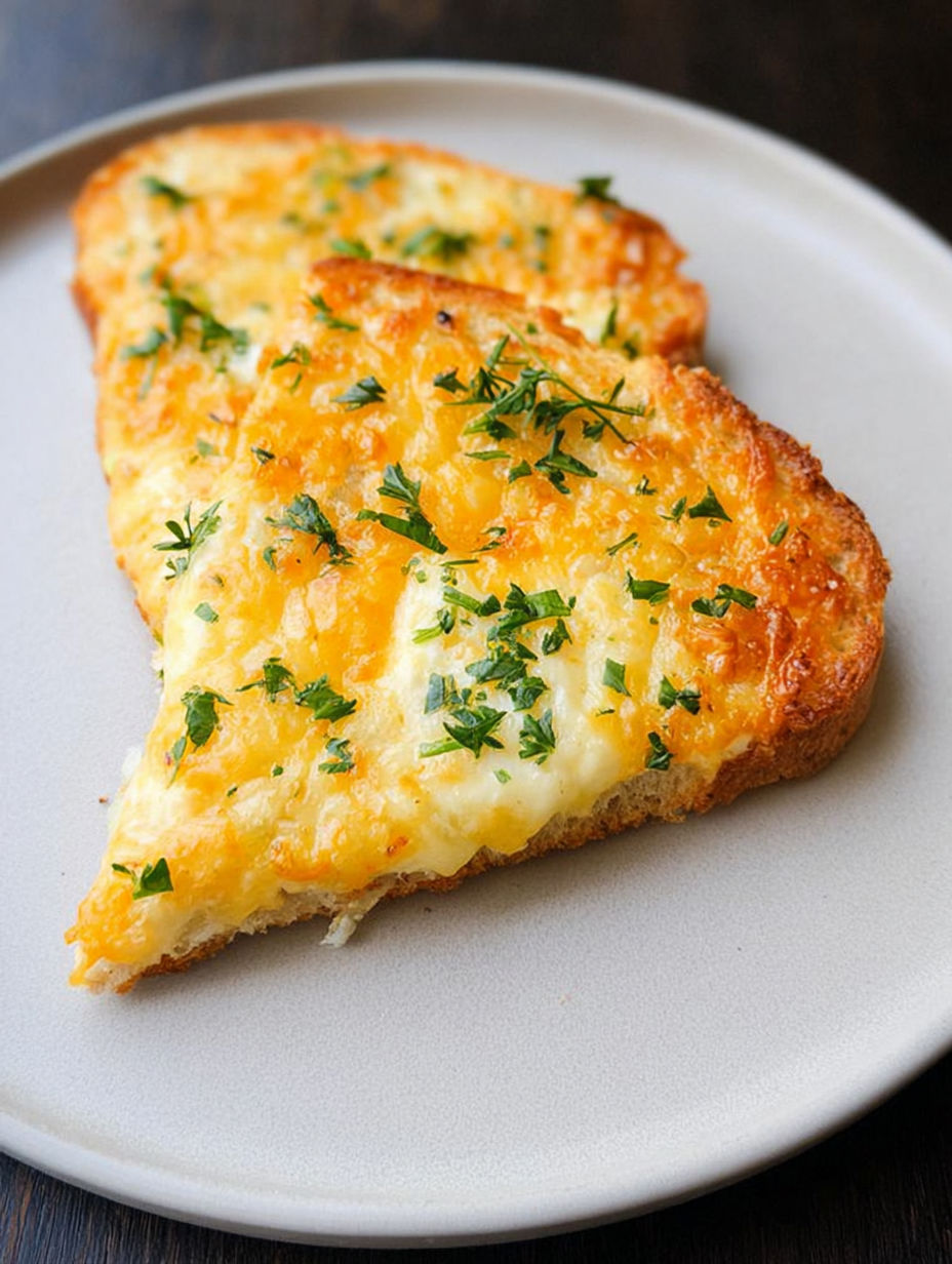 Kromka grzanki z jajkiem i serem.