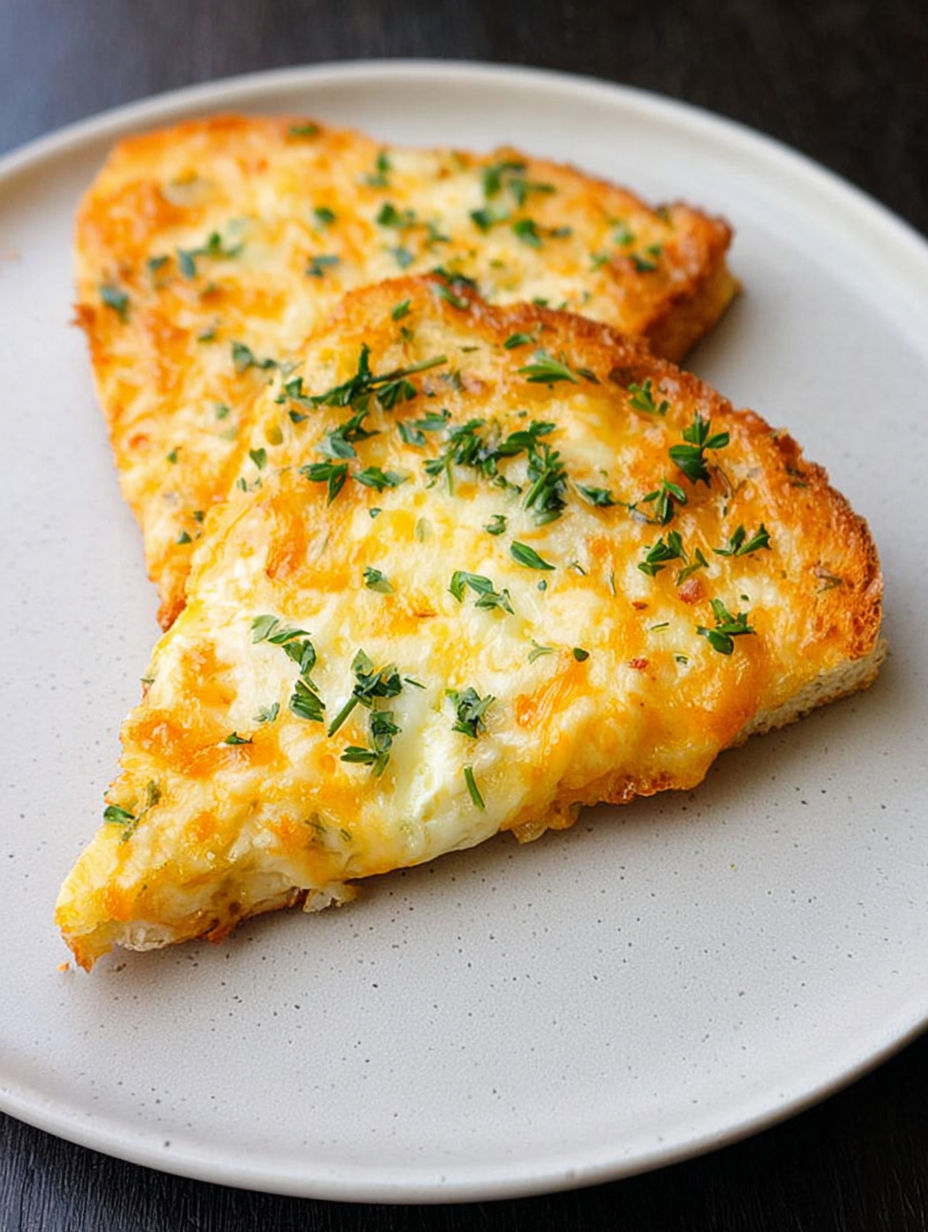 Dwie kromki grzanek z jajkiem i serem.