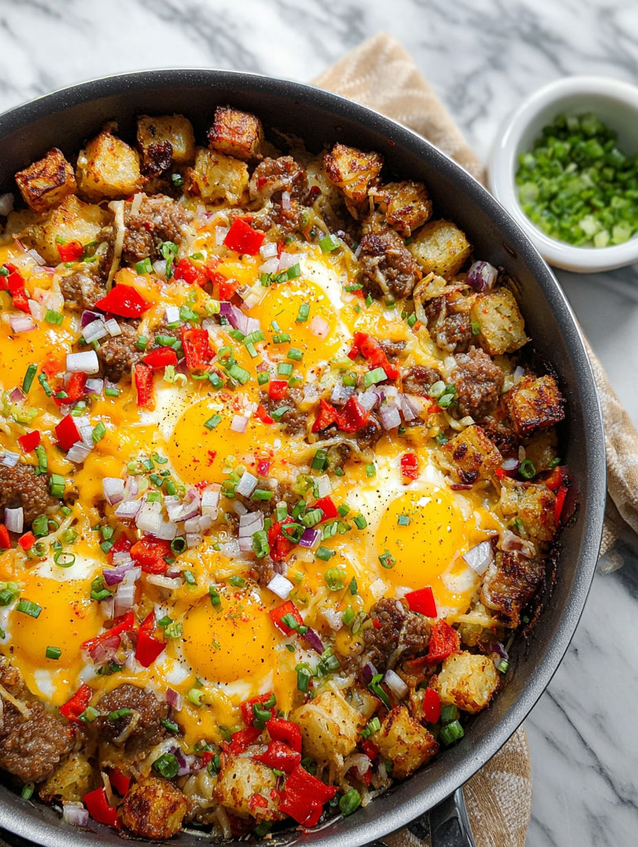 Syta szakszuka z jajkami, ziemniakami i papryką.