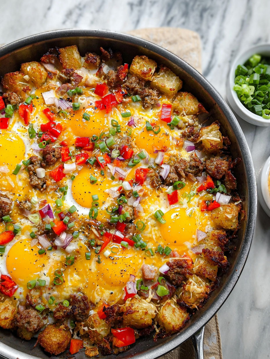 Sycące śniadaniowe danie z jajkiem, ziemniakami i papryką.