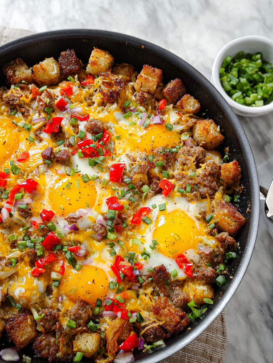 Sycące śniadaniowe danie z jajkiem, papryką i ziemniakami.