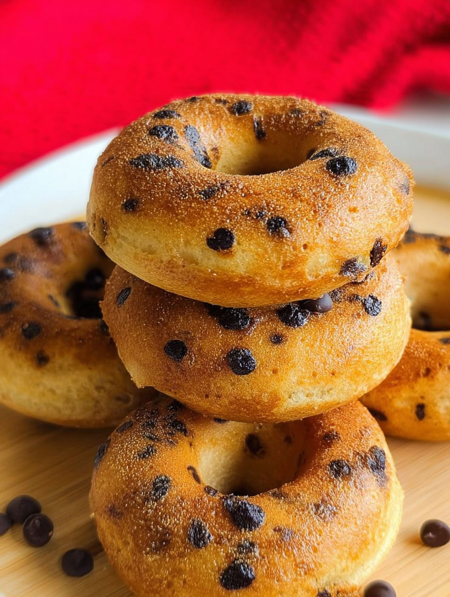 Donuty z naleśnikowego ciasta z kawałkami czekolady ułożone na talerzu.