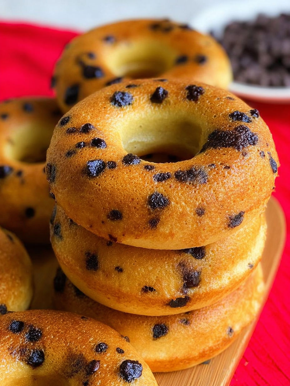 Donuty z kawałkami czekolady zrobione z ciasta naleśnikowego ułożone na talerzu.