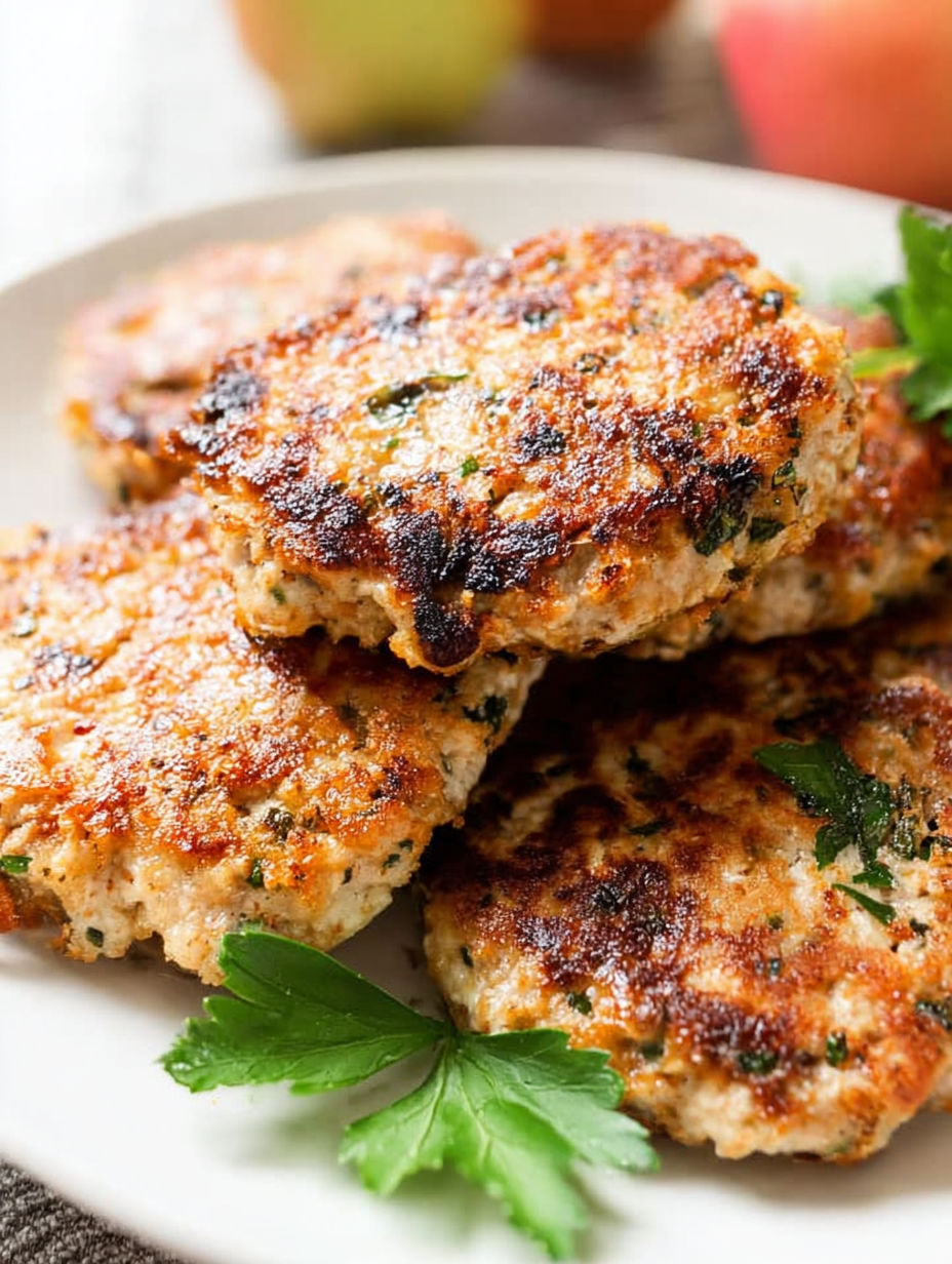 Talerz z kiełbaskami z kurczaka i zieleniną na wierzchu.