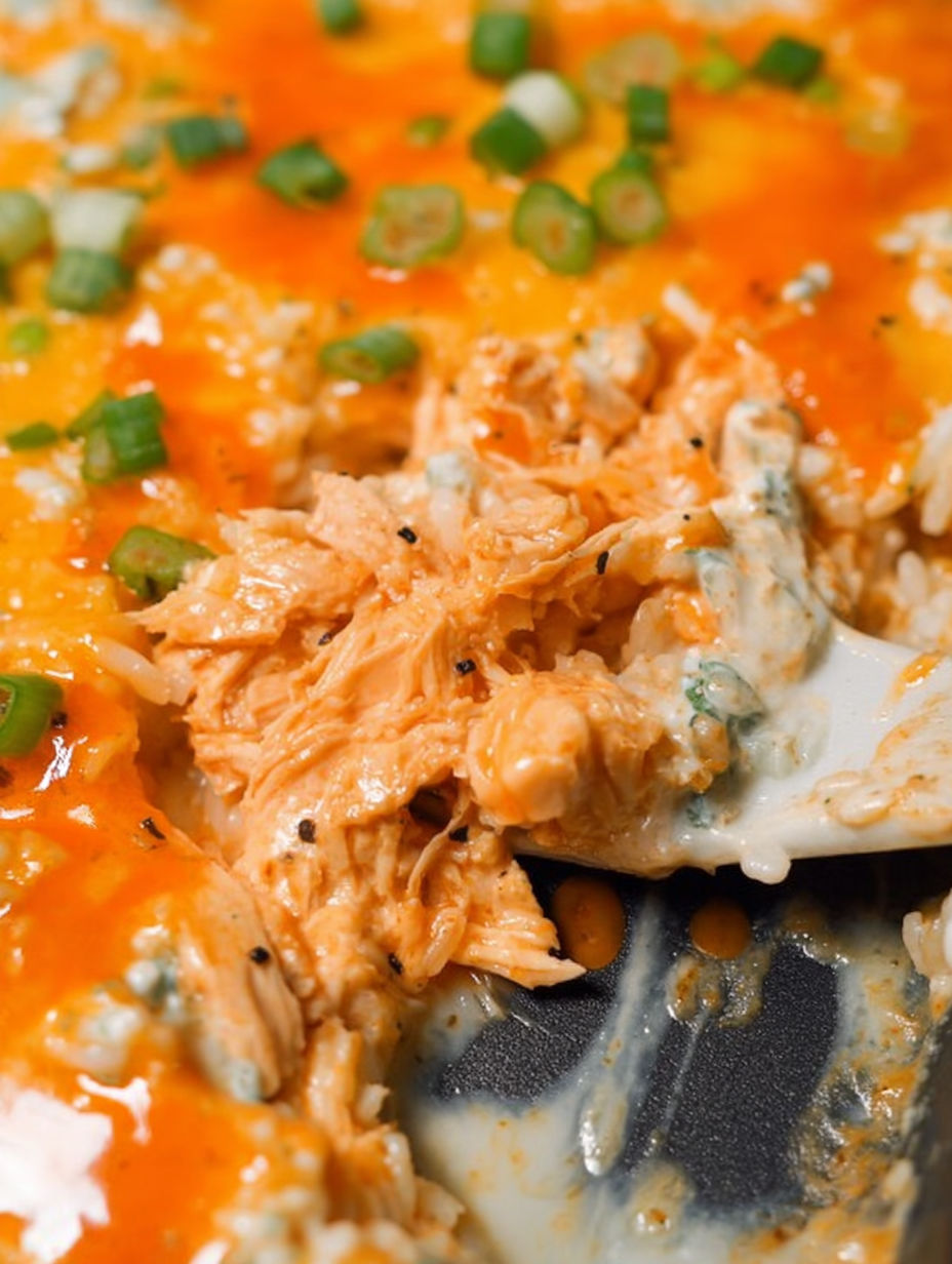 Widelec zanurzony w serowym daniu z kurczaka i ryżu z sosem buffalo.