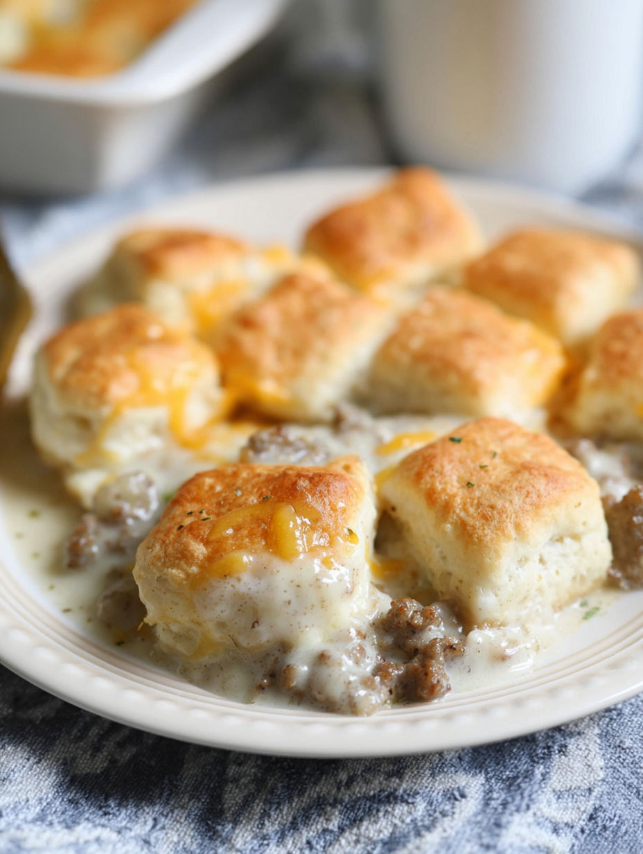 Zapiekanka z kluskami i sosem na talerzu