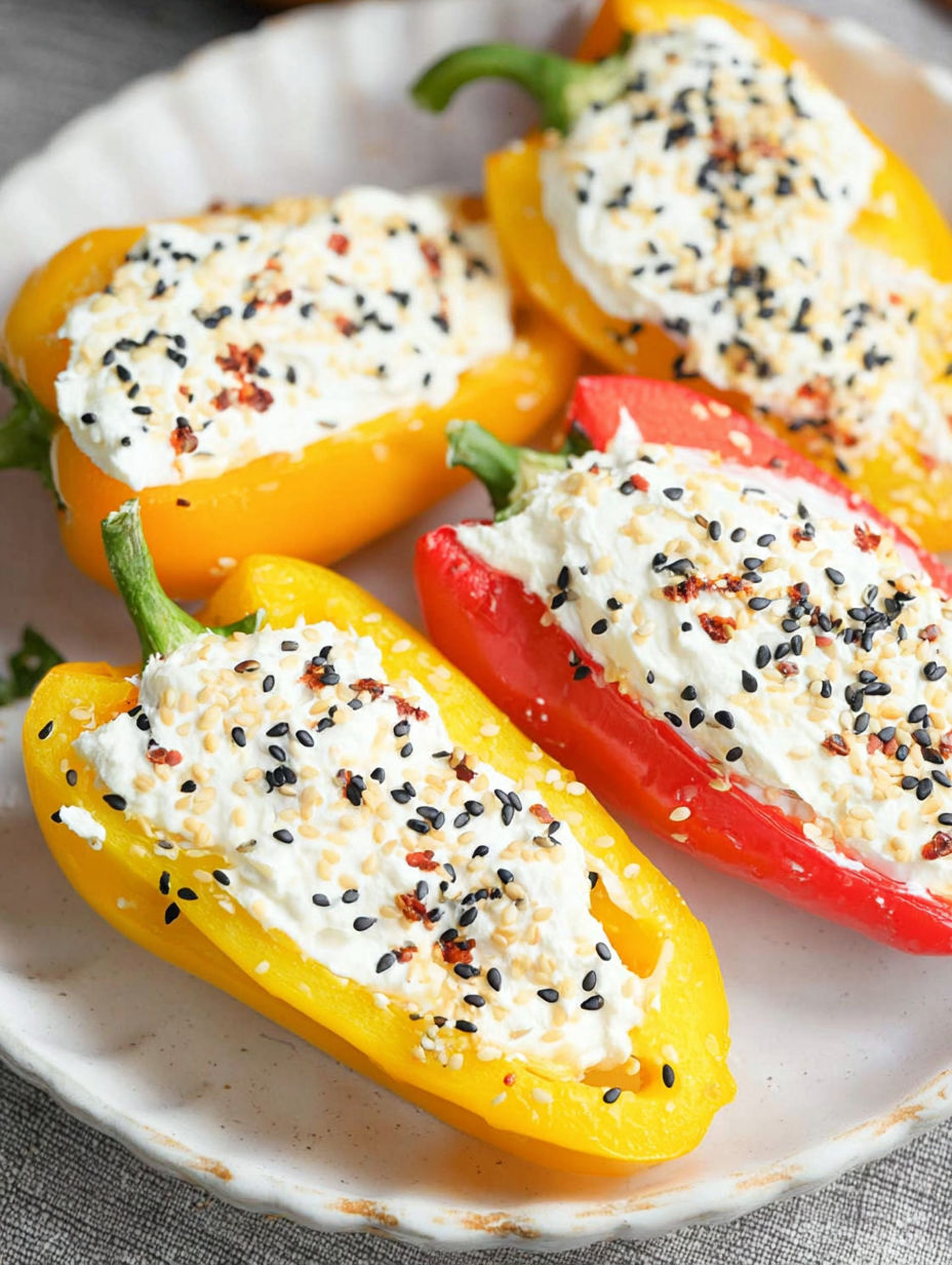 Talerz papryk z serkiem i czarnymi ziarnami.