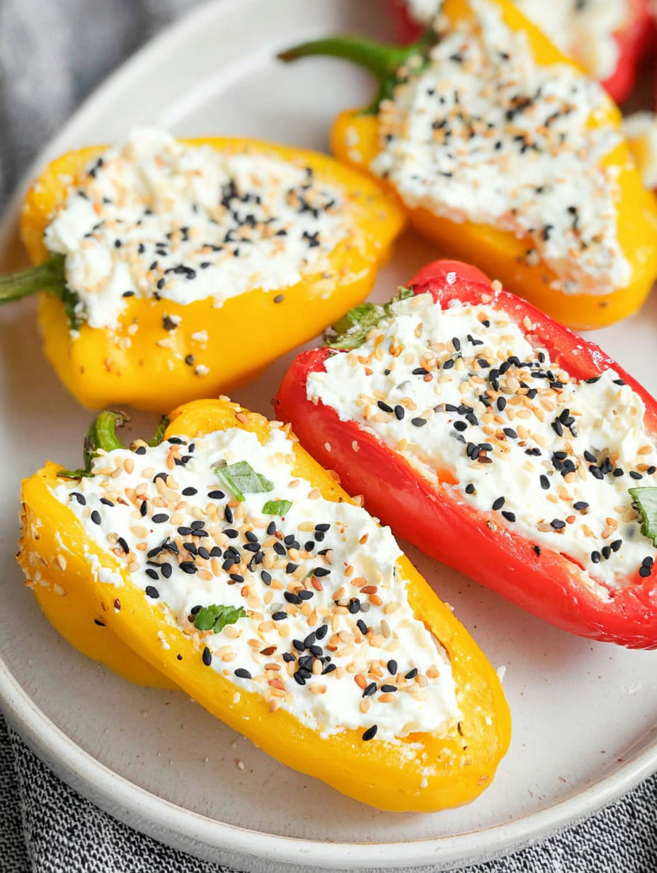 Talerz papryk z serkiem i czarnymi ziarnami.