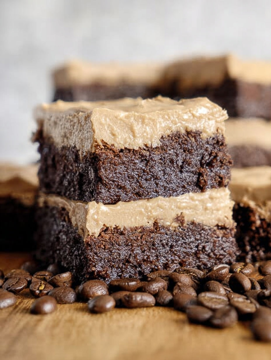 Zbliżenie kawałka czekoladowo-kawowego ciasta z karmelem.