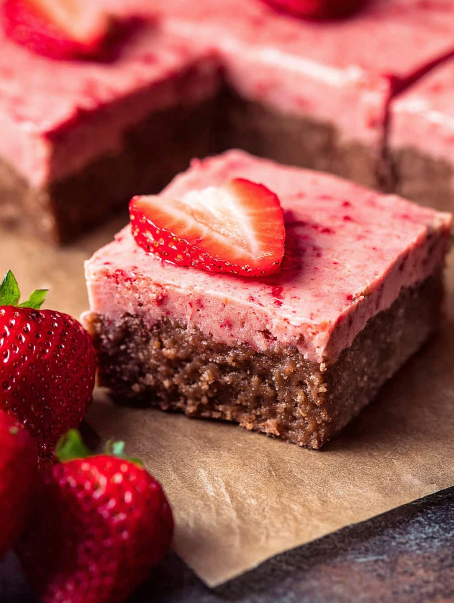 Kawałek brownie z truskawką na wierzchu.