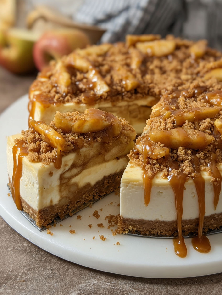 Kawałek sernika z jabłkami i solonym karmelem.