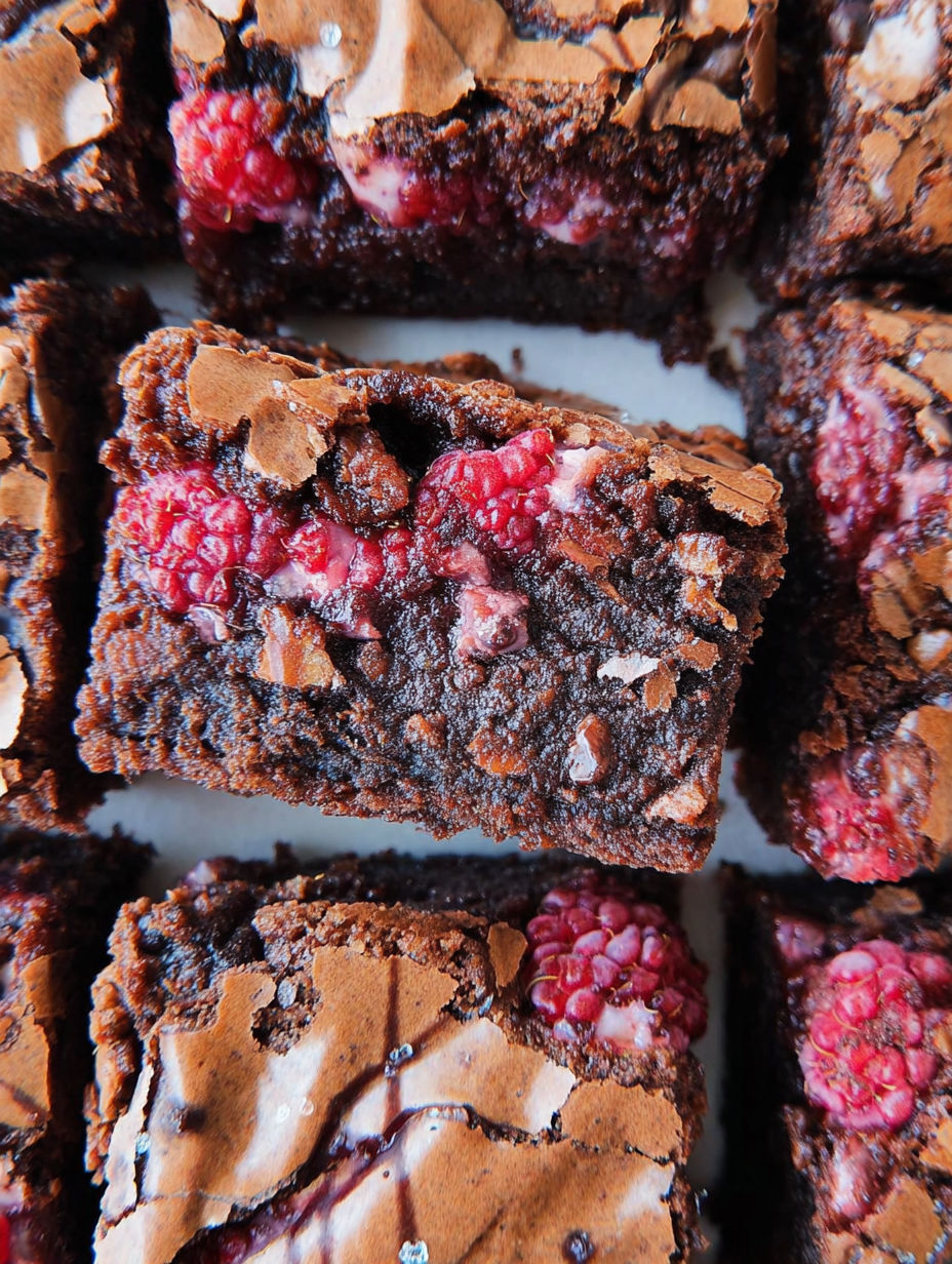 Zbliżenie czekoladowego brownie z malinami na wierzchu.
