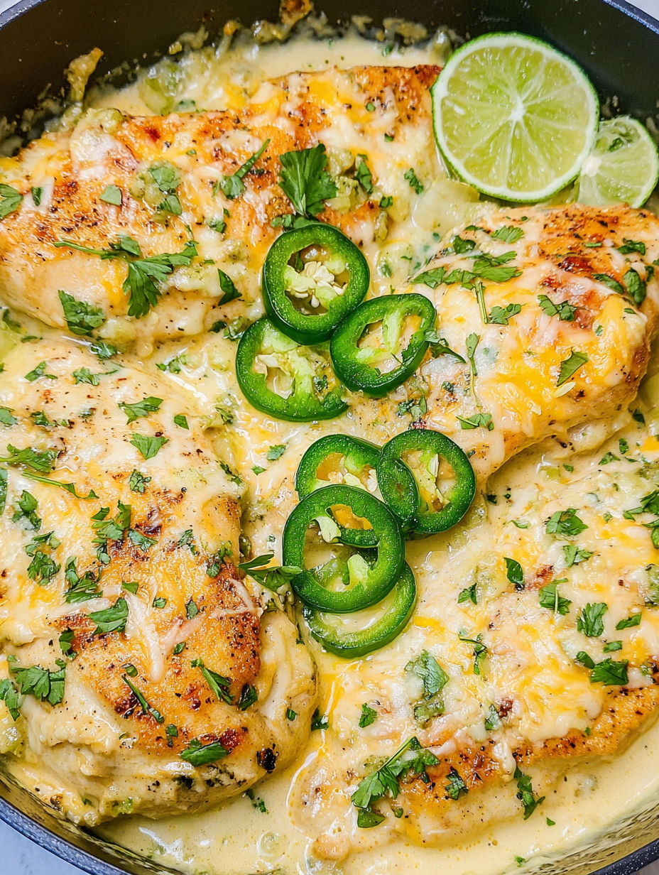 Patelnia z kurczakiem jalapeno i kawałkami limonki na wierzchu.