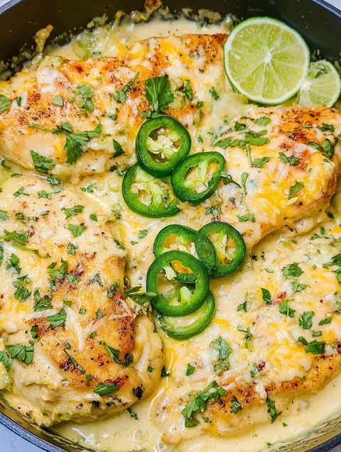 Patelnia z kurczakiem jalapeno i kawałkami limonki na wierzchu.