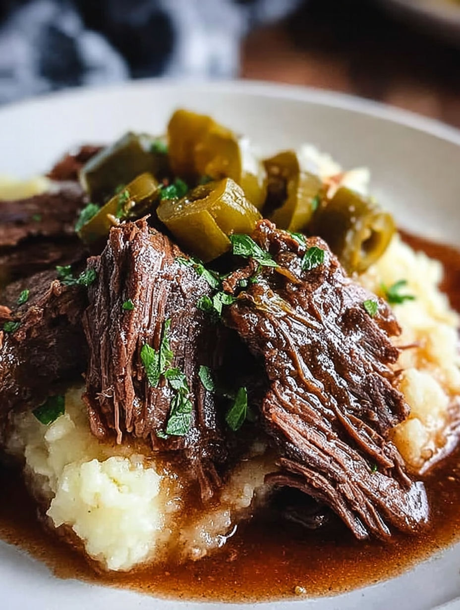 Talerz z wołowiną Missisipi i zielonymi paprykami.