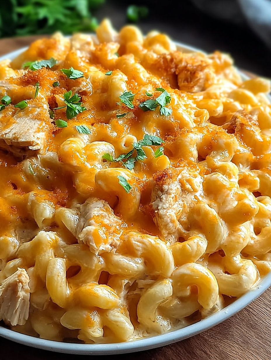 Talerz z mac and cheese i kurczakiem buffalo.