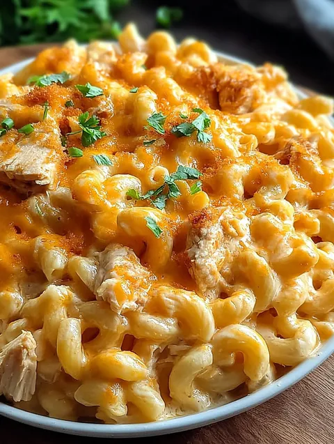 Talerz z mac and cheese i kurczakiem buffalo.