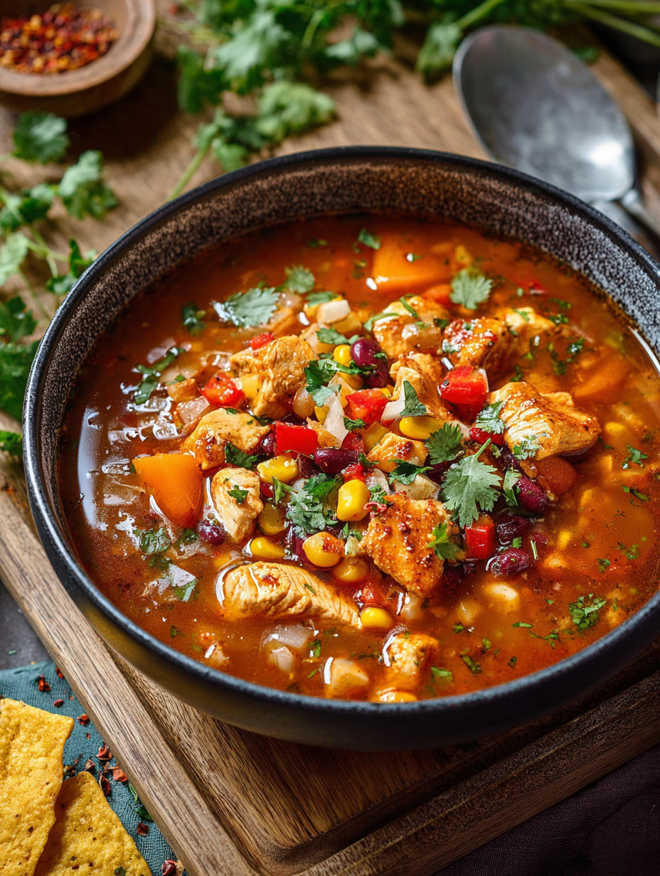 Miseczka zupy z kurczakiem BBQ i łyżką w środku.