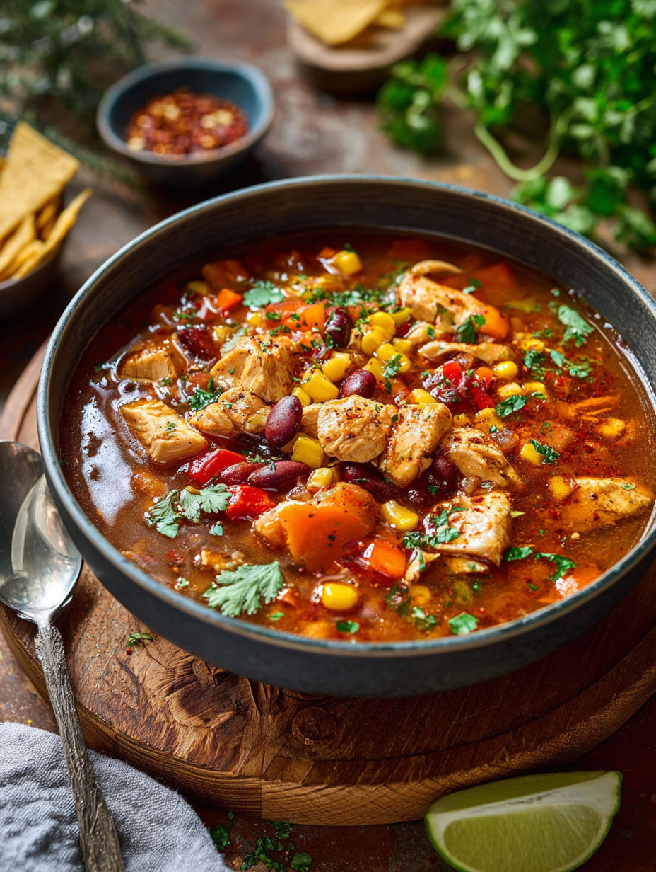 Miseczka zupy z kurczakiem BBQ i łyżką w środku.