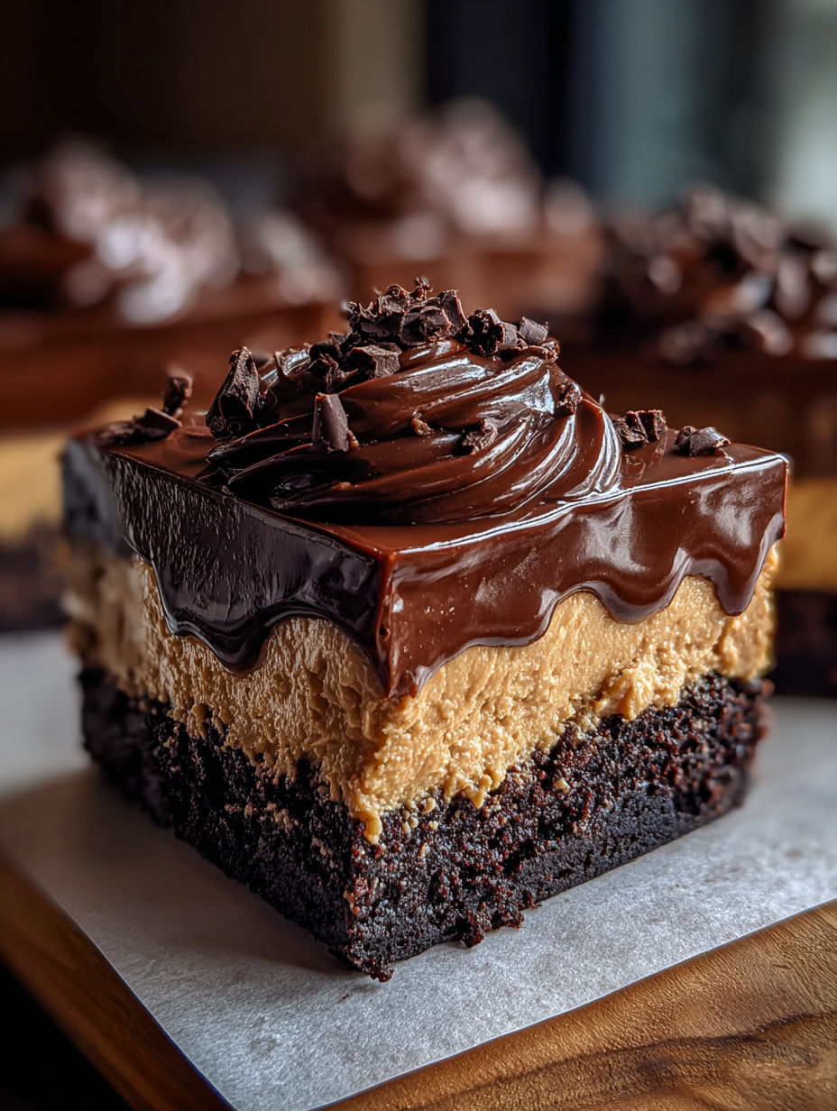 Kawałek ciasta z polewą fudge czekoladową.